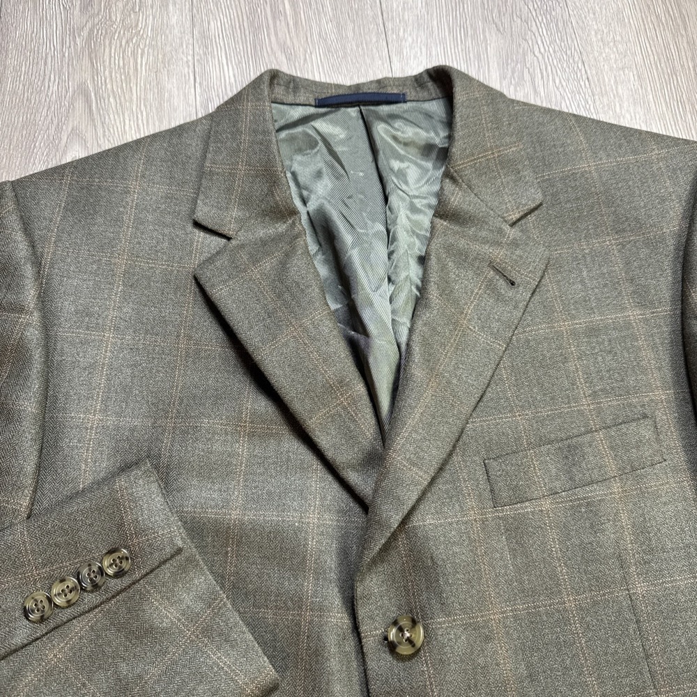 BURBERRY Sport Coat Blazer 44 L Long Windowpane Silk Blend Olive Wedding Formal
